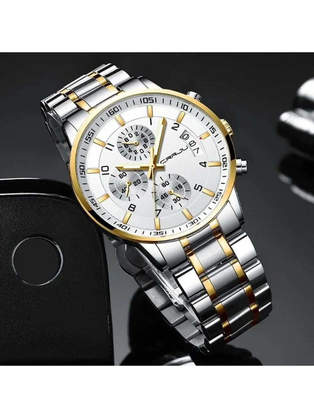 Mens Silver And White Analog Stainless Steel Waterproof Chronograph Wrist Watch